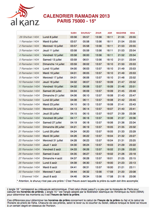 Téléchargez au format PDF le calendrier ramadan AlKanz
