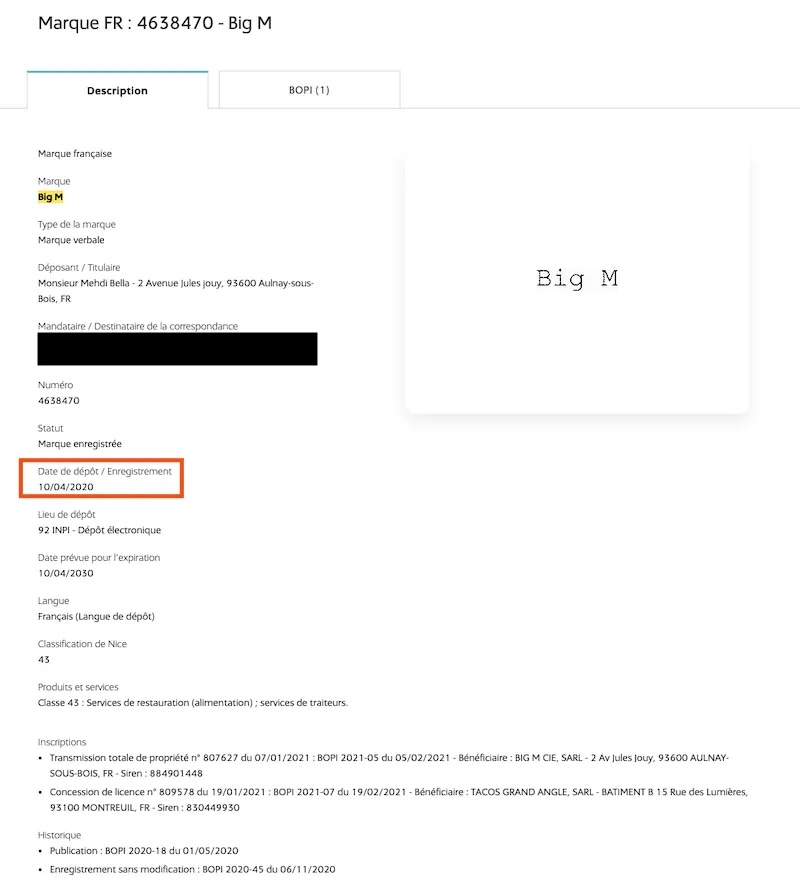 BIg M, marque déposée à l'INPI