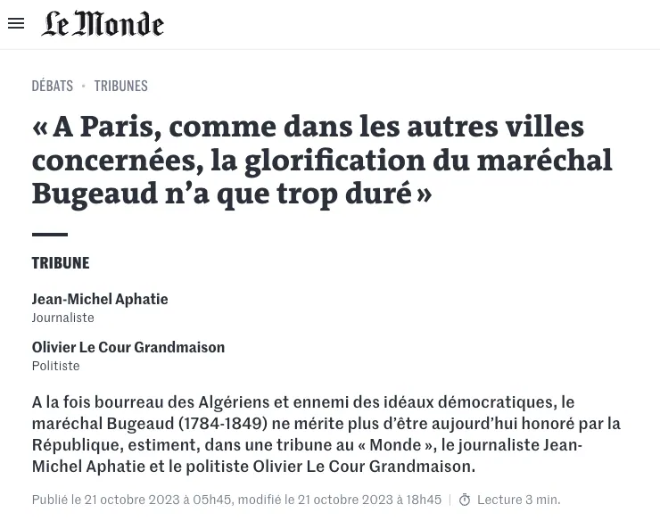 A Paris, comme dans les autres villes concernées, la glorification du maréchal Bugeaud n’a que trop duré 