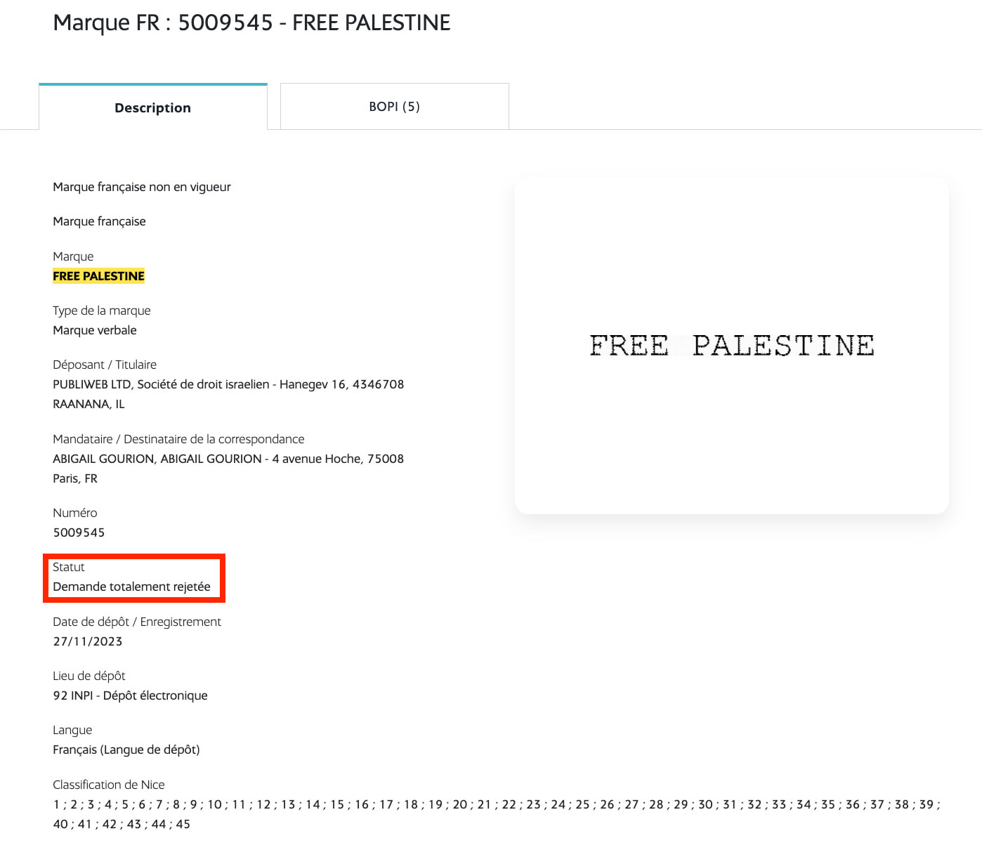 le slogan Free Palestine déposé à l'INPI