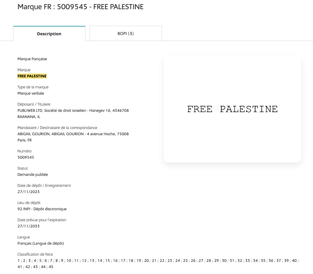 le slogan Free Palestine déposé à l'INPI