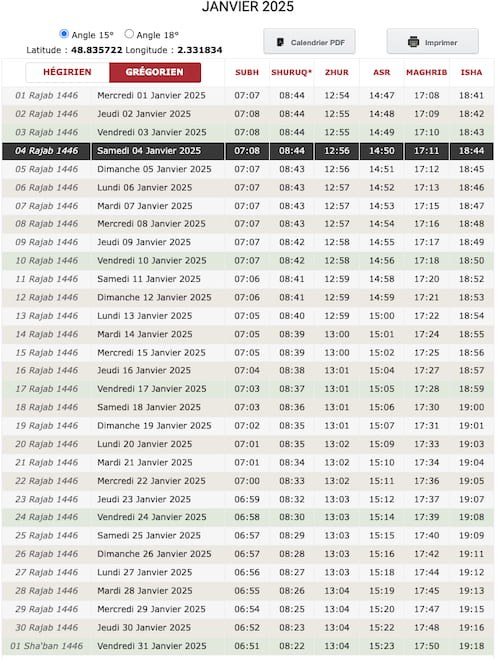 calendrier priere mosquee