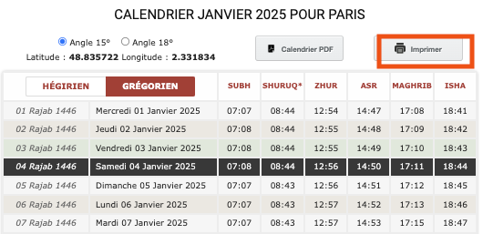 calendrier des horaires de prière Paris - janvier 2025