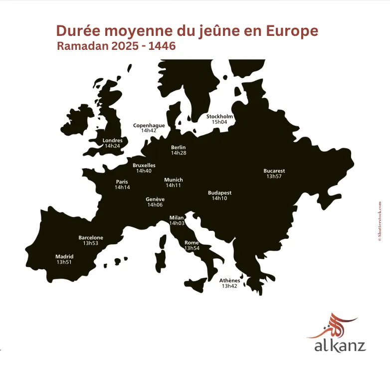 Ramadan 2024 - 1446 - durée moyenne du jeûne en Europe