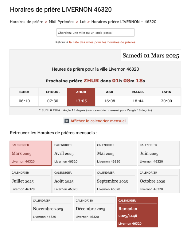 horaires de prière pour la ville de Livernon dans le Lot