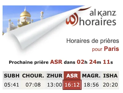 horaire de prière pour Paris - ramadan 2025 - 1446