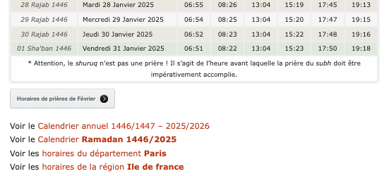 Calendrier annuel - horaires de prière Paris 2025