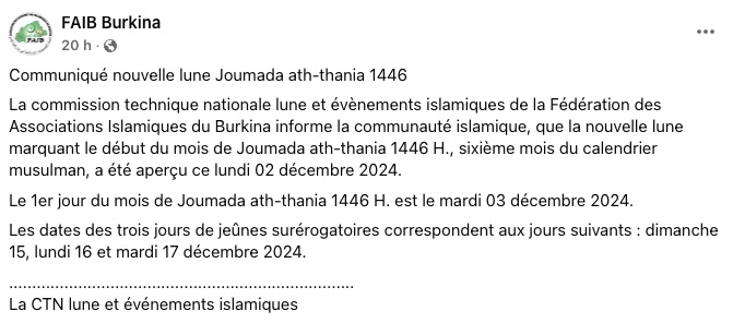 jumada ath-thani 2024 1446 Burkina Faso - calendrier musulman