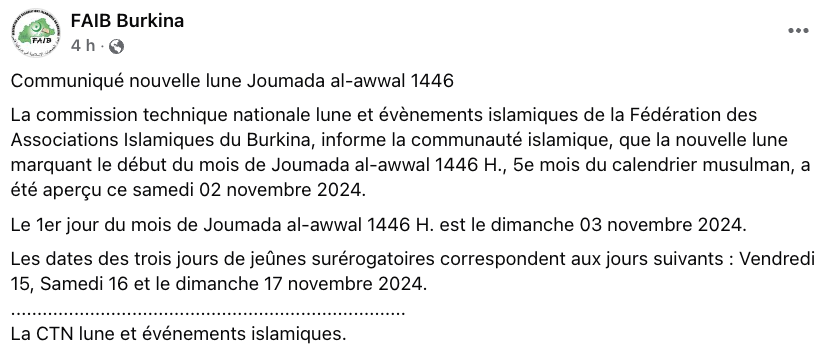 jumada al-awwal 2024 1446 Burkina Faso - calendrier musulman