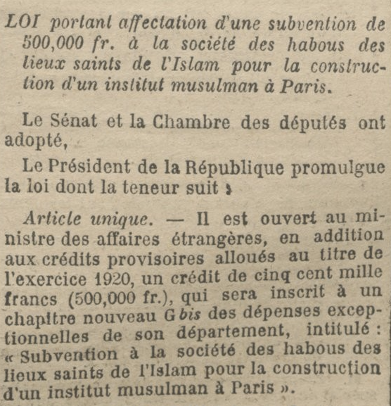 loi du 19 août 1920 - construction de la mosquée de Paris