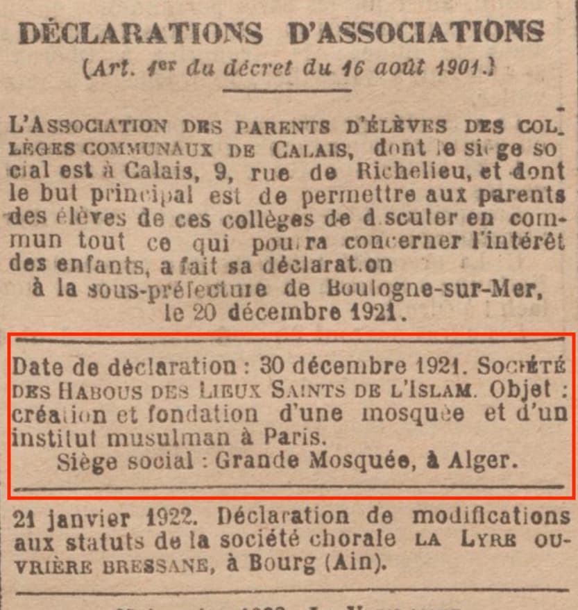 loi du 19 août 1920 - construction de la mosquée de Paris