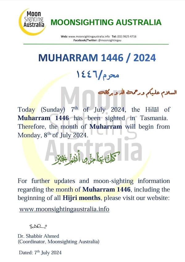 muharram 2024 1446 Australie - calendrier musulman