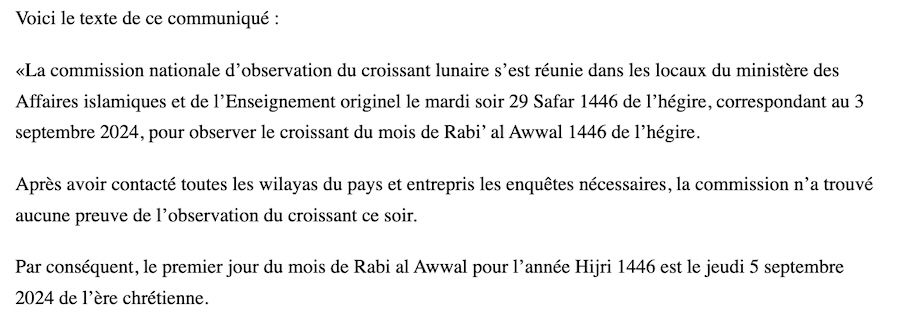 rabi' al-awwal 2024 1446 Mauritanie - calendrier musulman