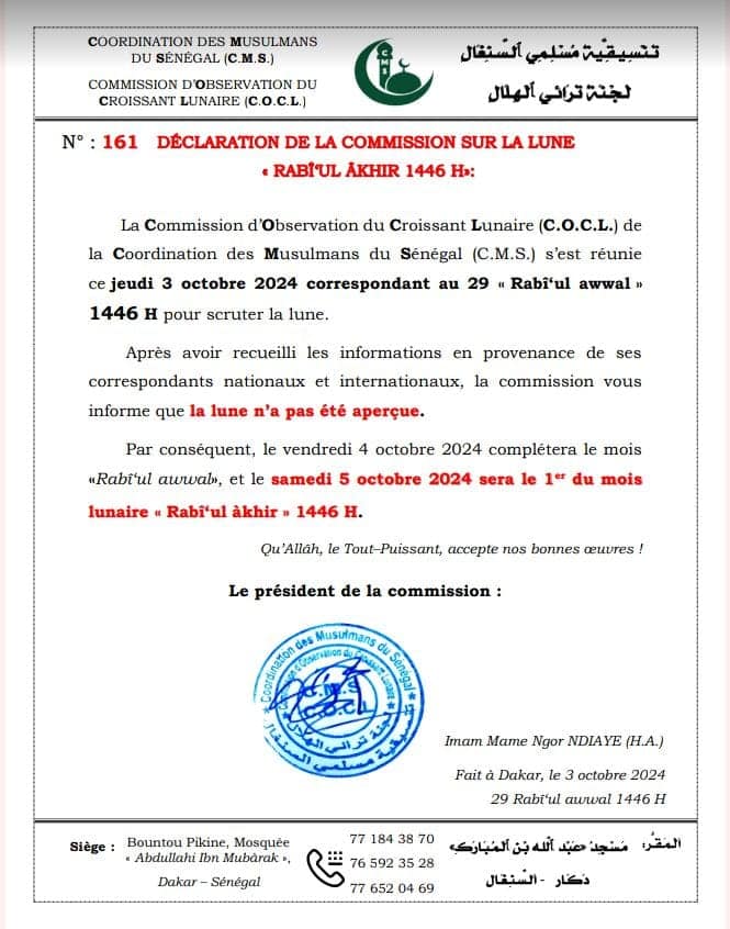 rabi' ath-thani 2024 1446 Sénégal - calendrier musulman