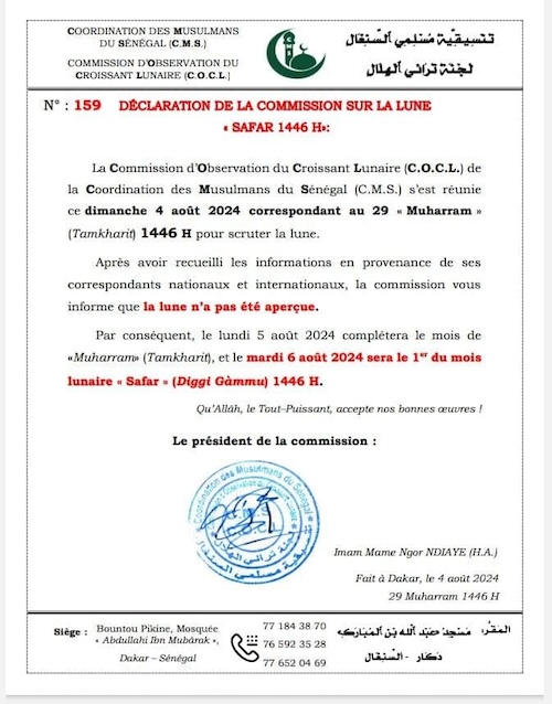 safar 2024 1446 Sénégal - calendrier musulman